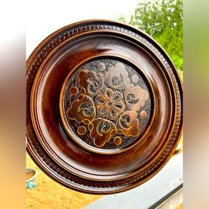 Vintage Brass Inlaid and carved wooden Polish Plate Charger.